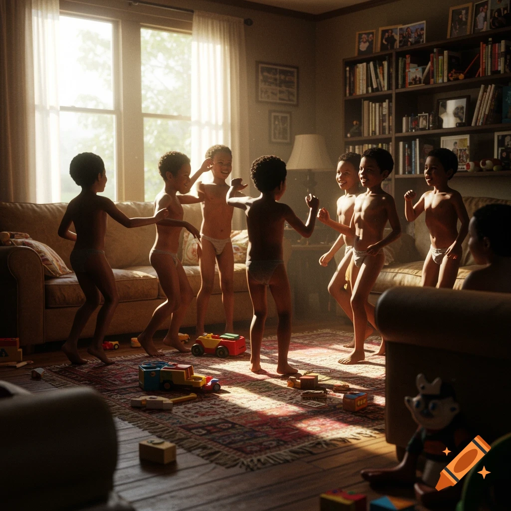 Several young boys in briefs are playing and dancing in a sunlit living room with toys scattered on the rug.