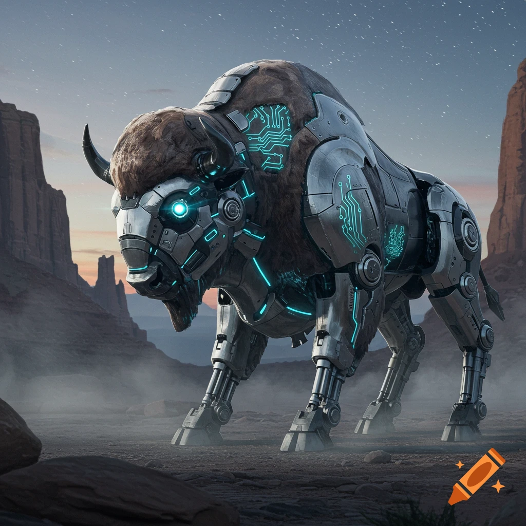 A photorealistic robotic bison with glowing blue circuitry stands in a vast desert canyon under a starry sky.