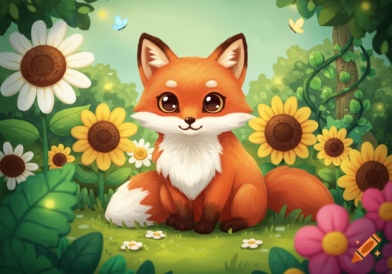 A cute, cartoon red fox sits in a grassy field surrounded by yellow sunflowers, white daisies, and green foliage with butterflies.