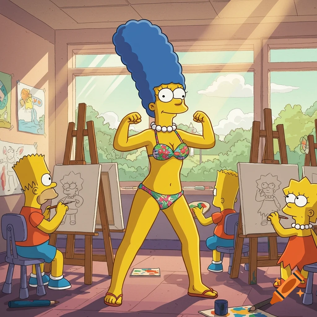 Marge Simpson in a floral bikini flexing her arms, posing for Bart and Lisa drawing in an art class in cartoon style.