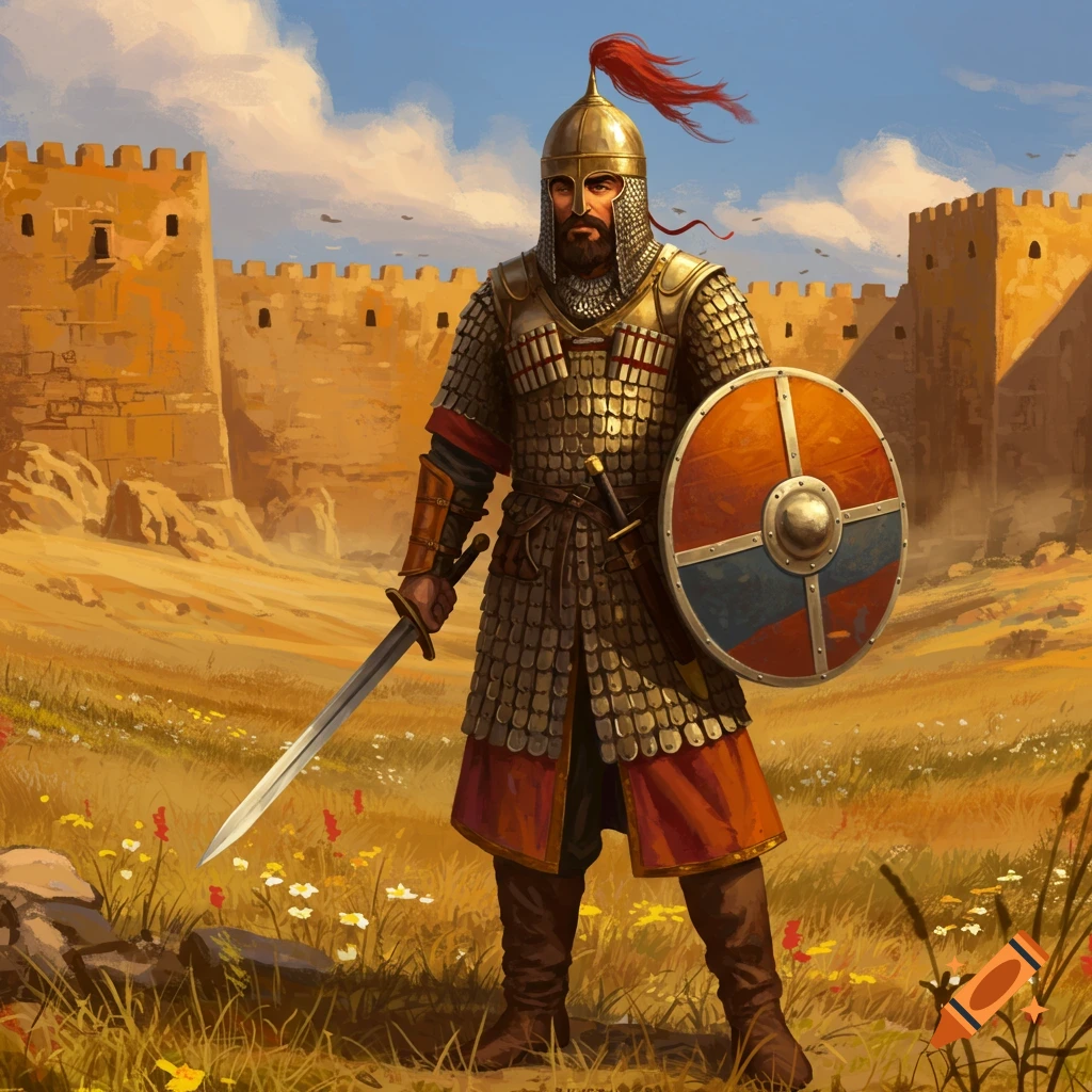A full-body painting of an ancient Armenian soldier in armor with a helmet, holding a sword and shield, standing in a field before a large stone castle under a blue sky.