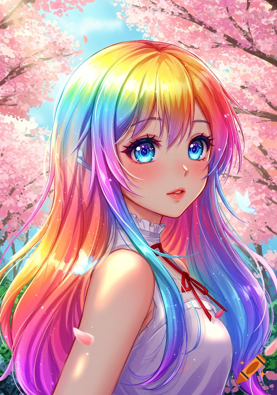 A vibrant anime girl with rainbow hair and bright blue eyes gazes softly amidst a spring scene of pink cherry blossoms.