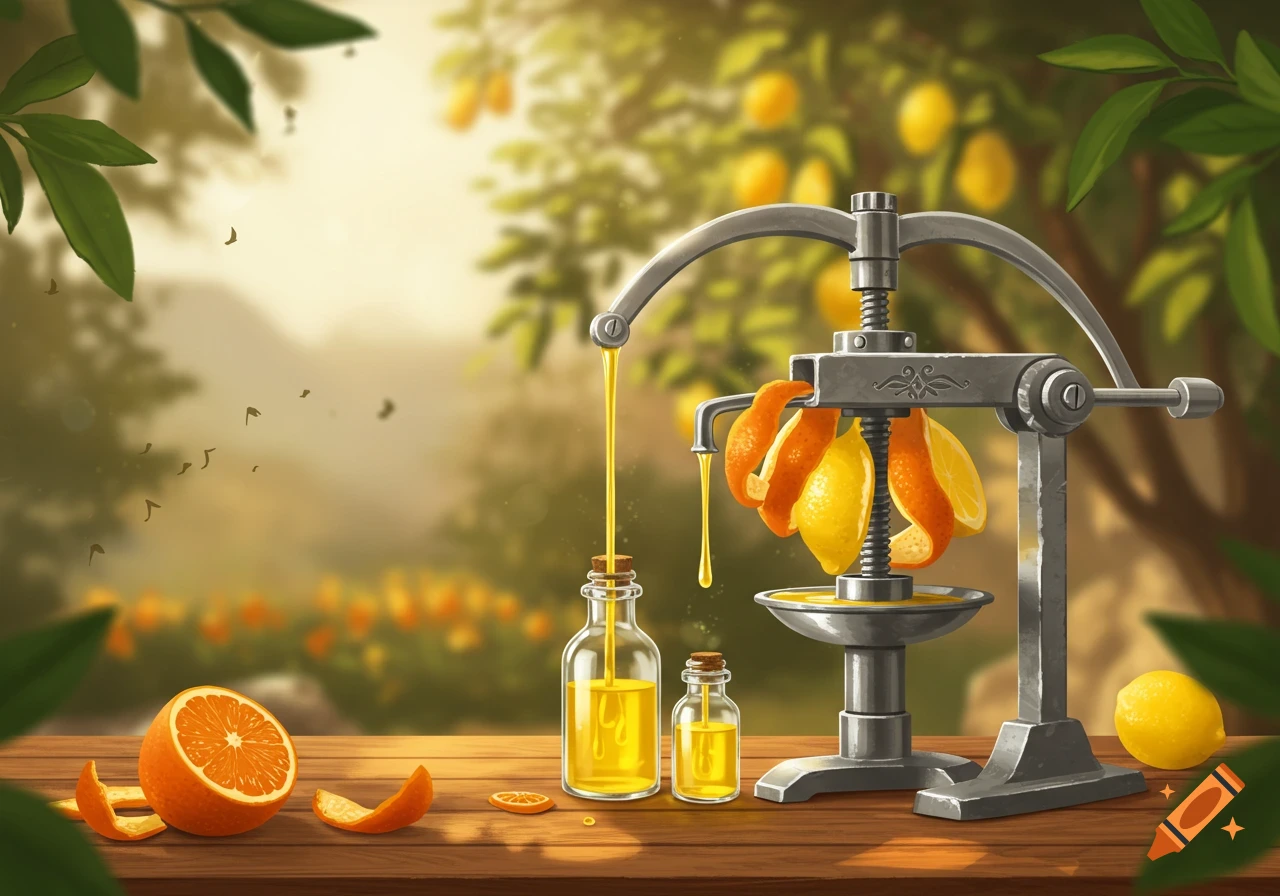 An illustration of a vintage press extracting essential oil from citrus fruits into bottles on a wooden table with foliage.