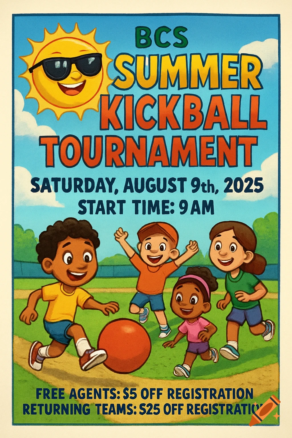 Colorful cartoon flyer for BCS Summer Kickball Tournament featuring a smiling sun, four children playing kickball on a baseball field, and event details.