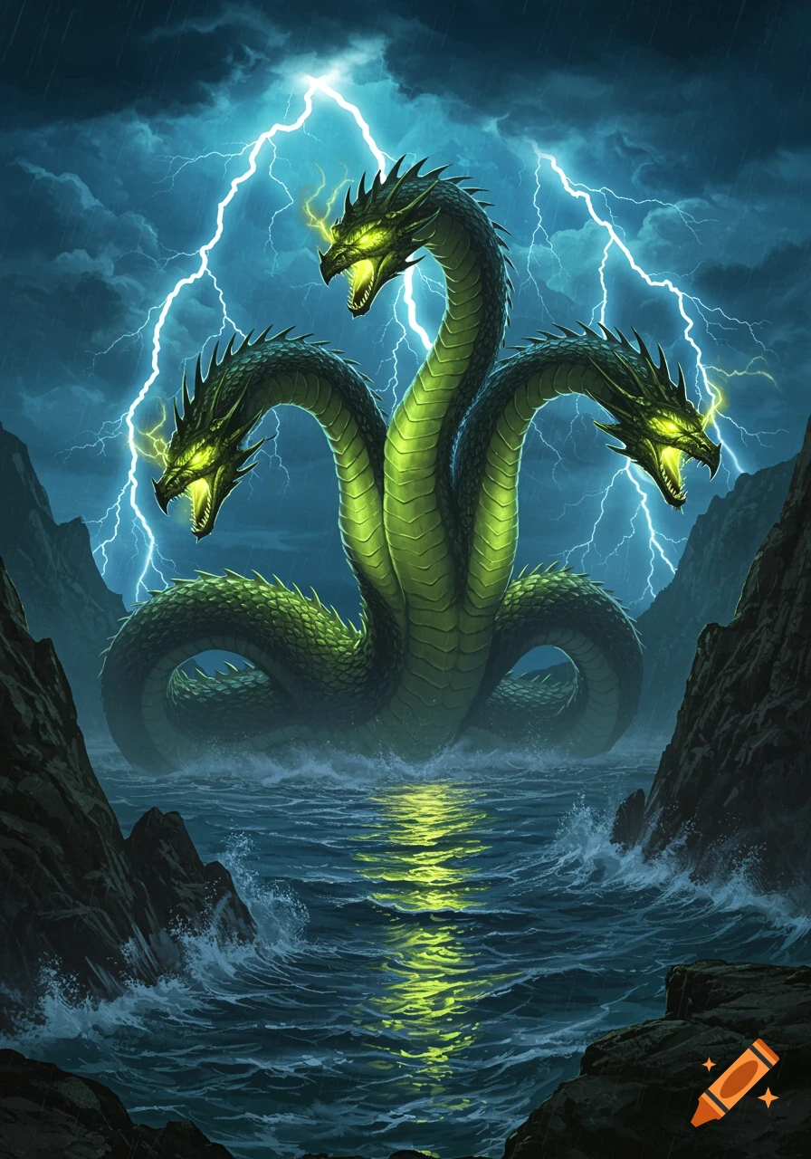 A three-headed green hydra with glowing yellow eyes emerges from stormy, wavy waters under a lightning-filled sky.
