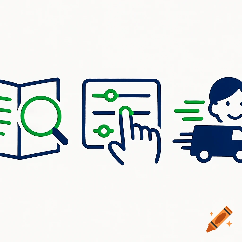 Three minimalist icons: a magnifying glass on a book, a hand adjusting sliders, and a person and delivery truck.