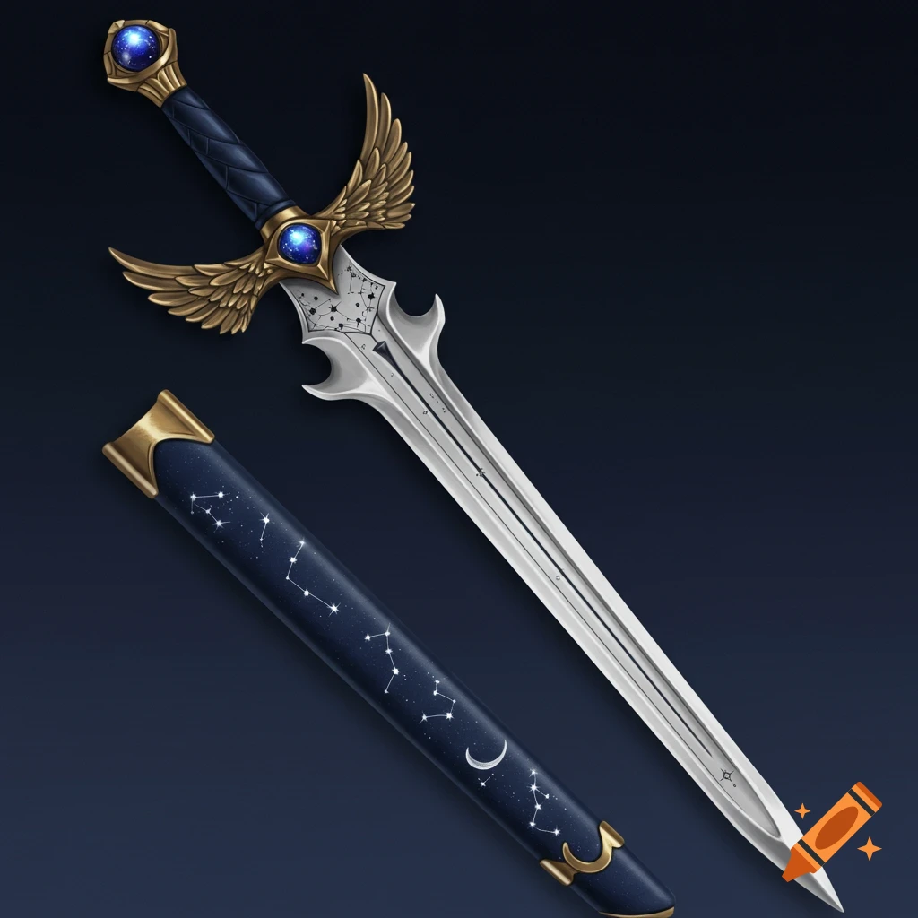 A stylized fantasy longsword with golden wings on the crossguard and blue sapphire gems, next to a dark blue scabbard decorated with celestial patterns.