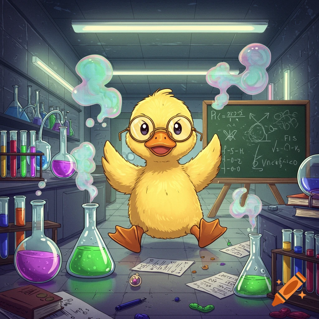 An anime-style duckling with glasses sits happily in a chaotic science lab filled with bubbling beakers, test tubes, and a blackboard.