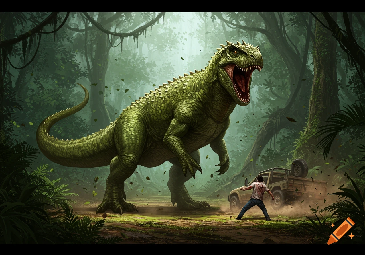 A massive green dinosaur with an open mouth roars at a person in a dense, misty jungle, with a wrecked jeep behind them.