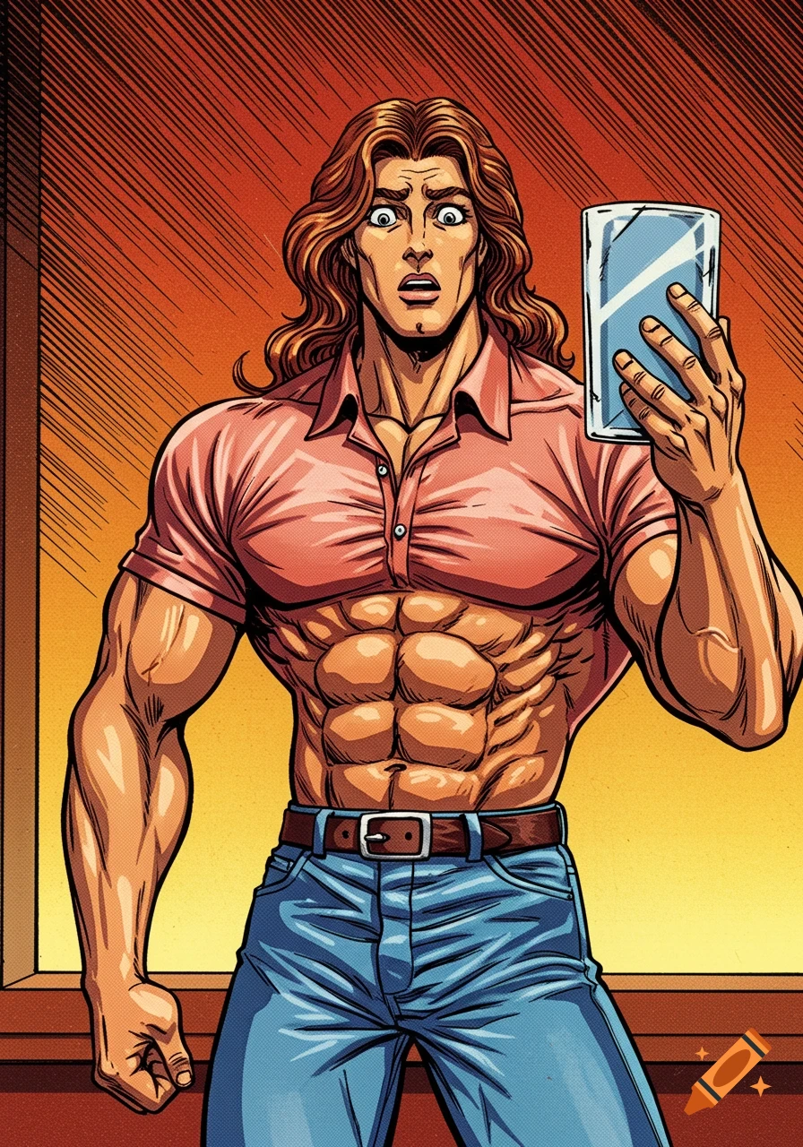 A muscular man with long brown hair, wearing a pink polo shirt and jeans, looks shocked while holding a phone or mirror in an anime style.