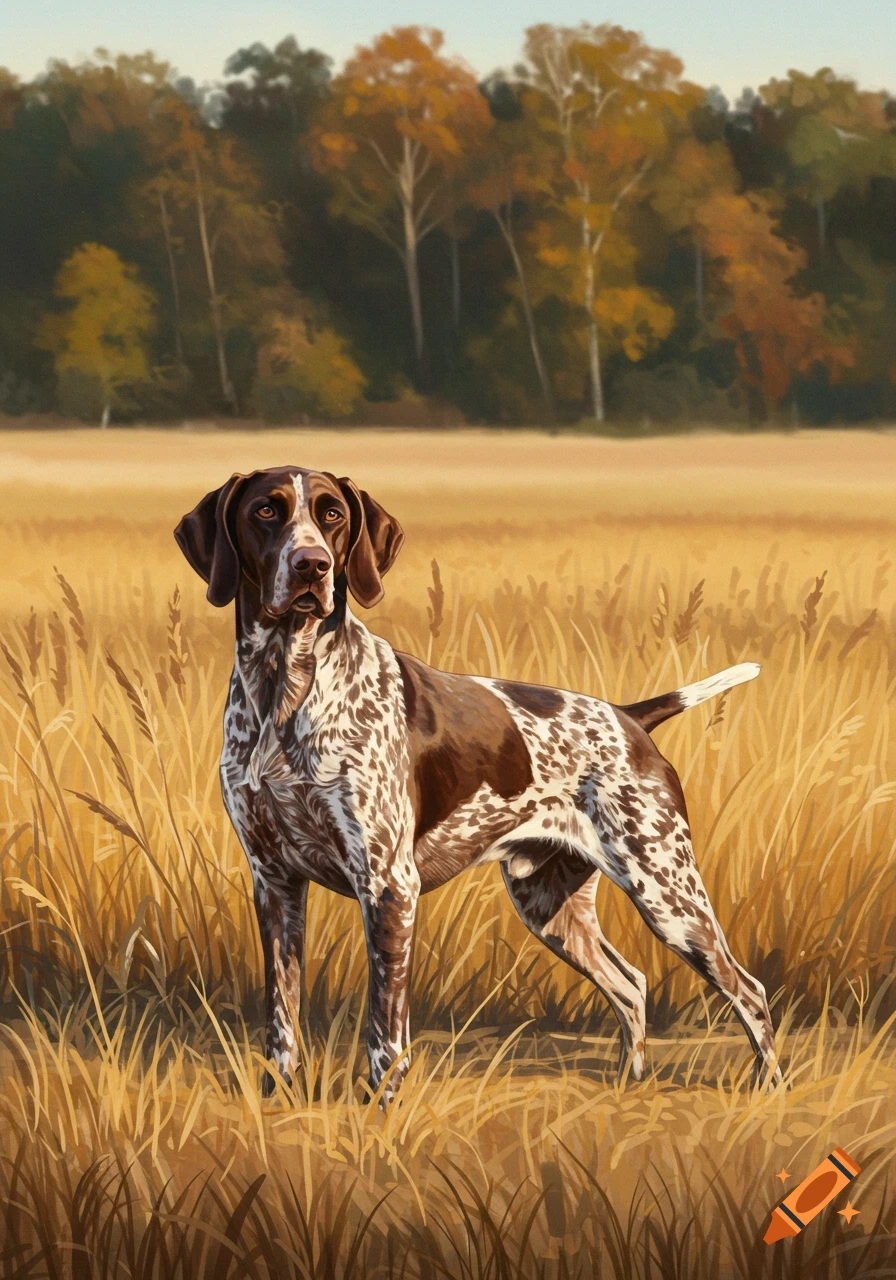 A painting of a brown and white spotted German Shorthaired Pointer standing in a field of tall golden grass.