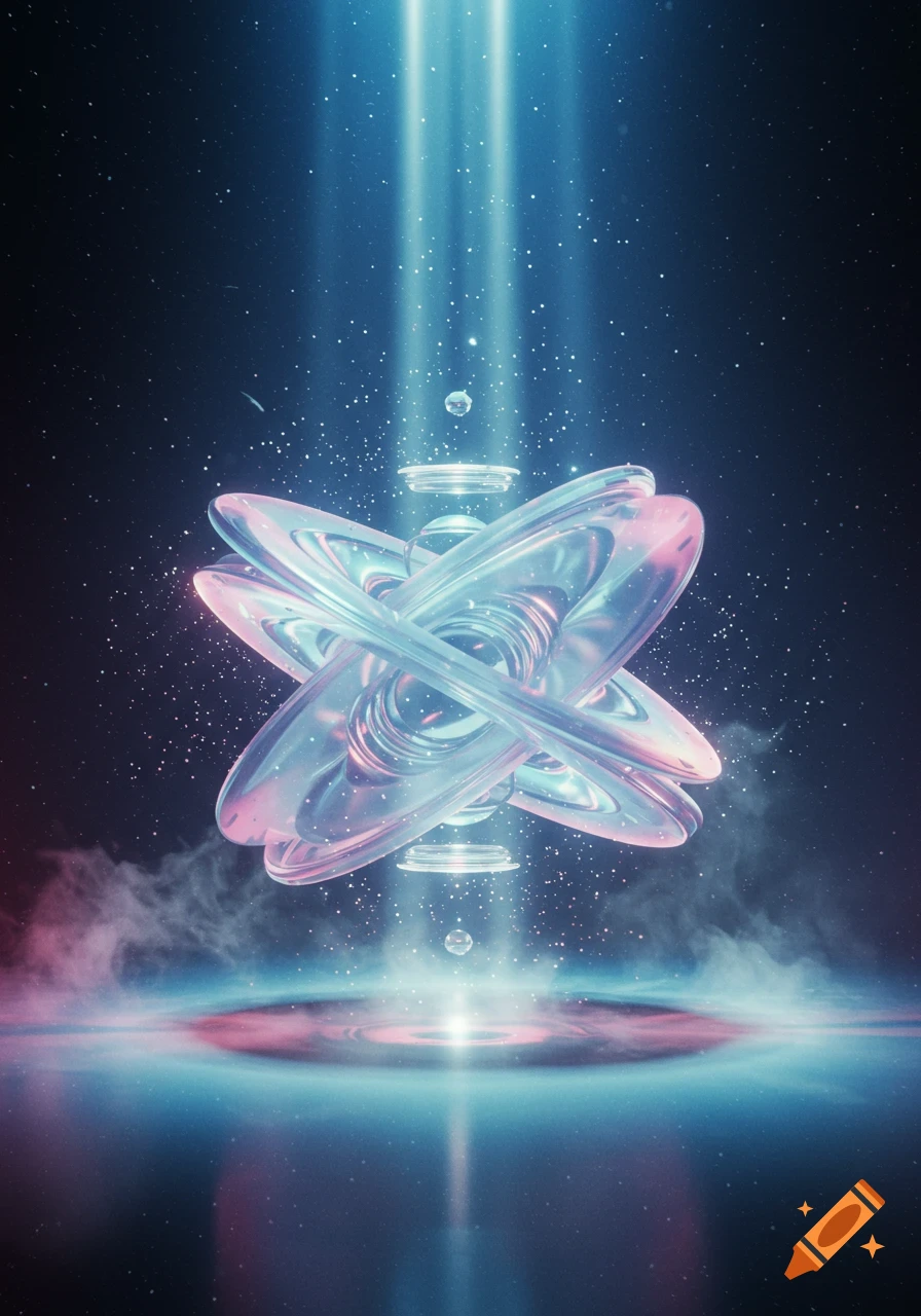 A glowing, iridescent abstract object floats in starry space, illuminated by bright blue light beams from above.