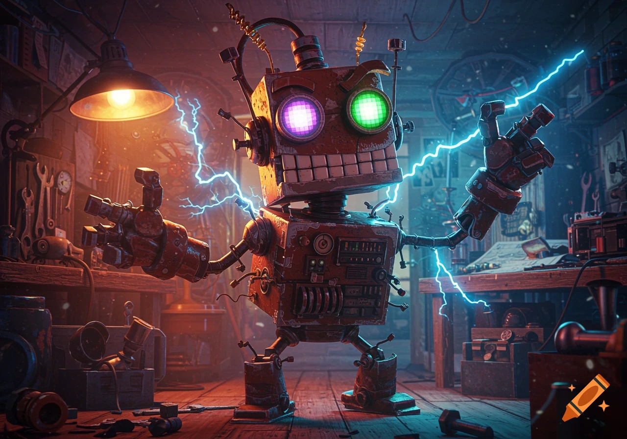 A rusted, red, rectangular robot with glowing purple and green eyes and a wide grin stands amidst blue electricity in a cluttered, warm-lit steampunk workshop.
