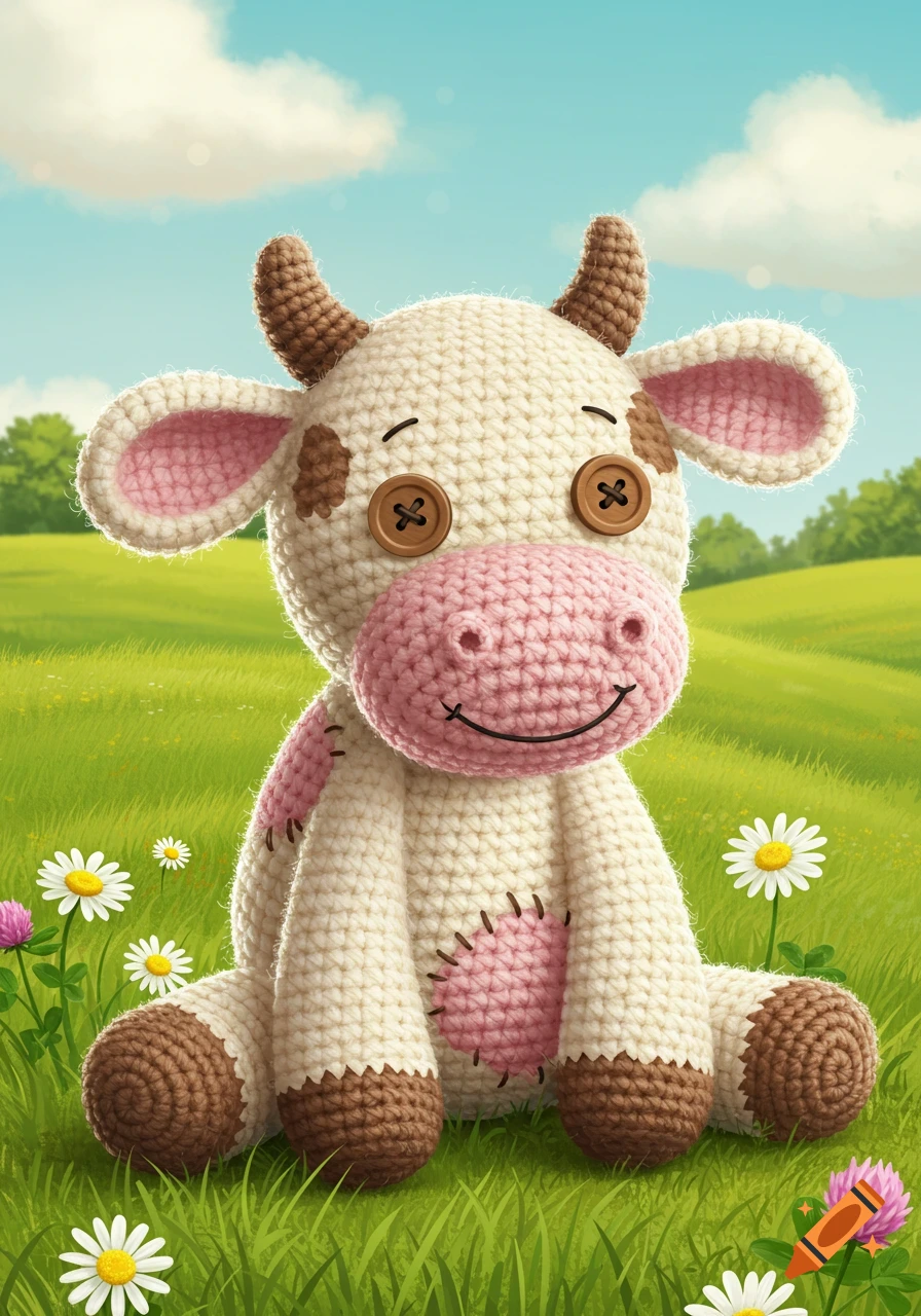 A cute crocheted cow sits in a vibrant green field with white and pink flowers under a blue sky.