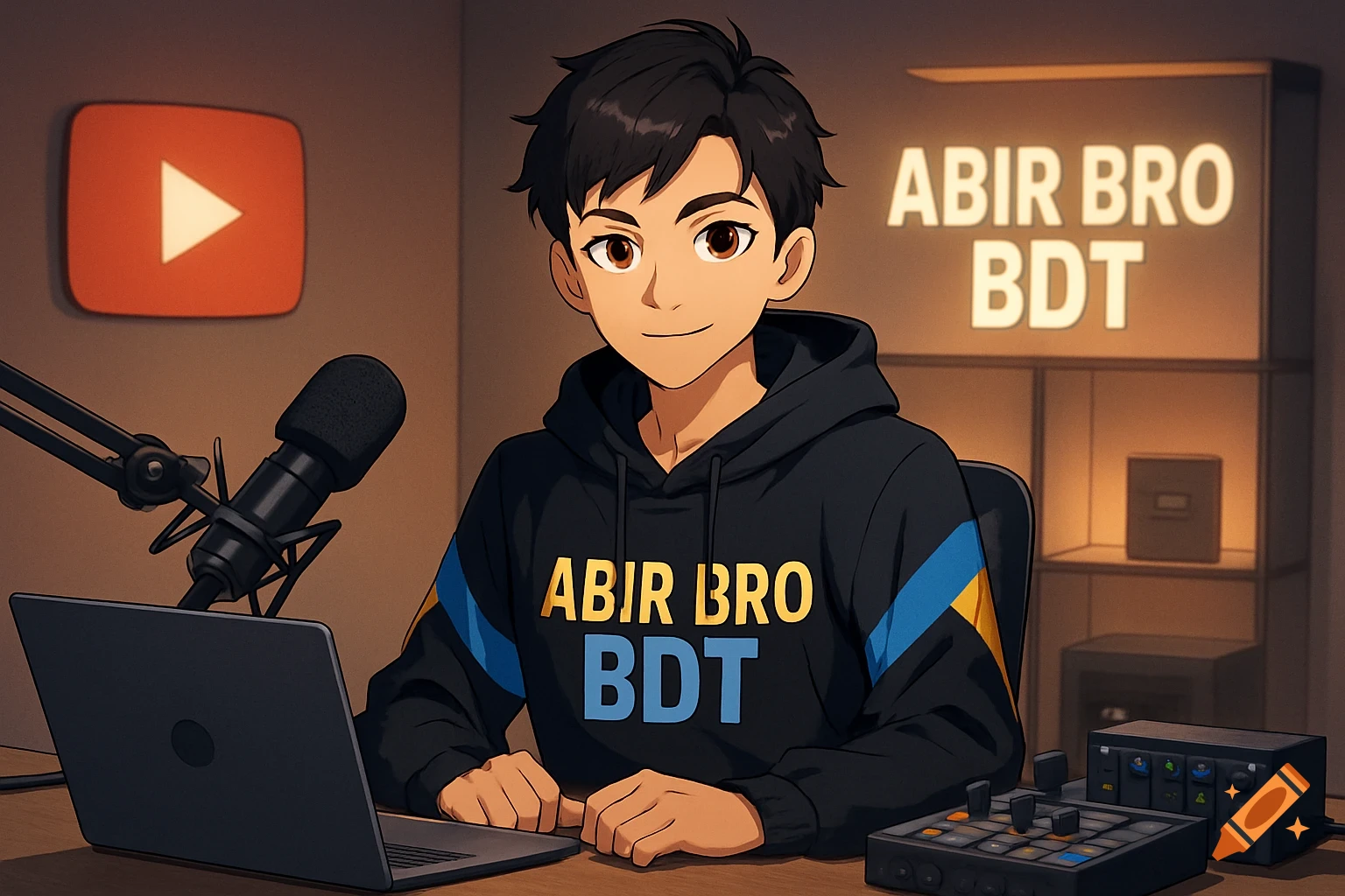 An anime-style boy with dark hair sits at a computer desk with a laptop, microphone, and recording equipment, wearing a hoodie with 'ABIR BRO BDT' text. A YouTube logo is on the wall, and a glowing sign with 'ABIR BRO BDT' is in the background.