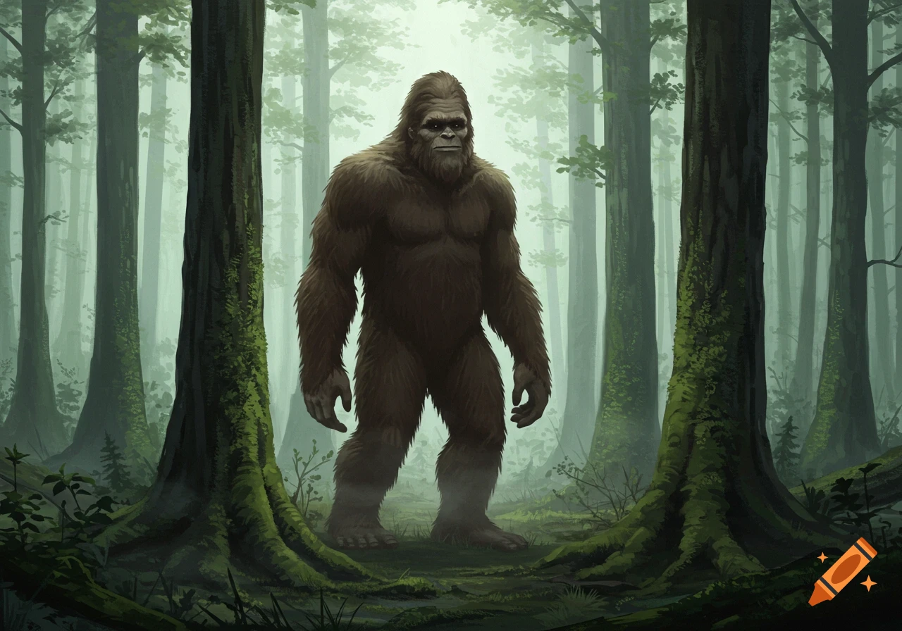 An illustrated Bigfoot stands in a misty forest between tall trees.