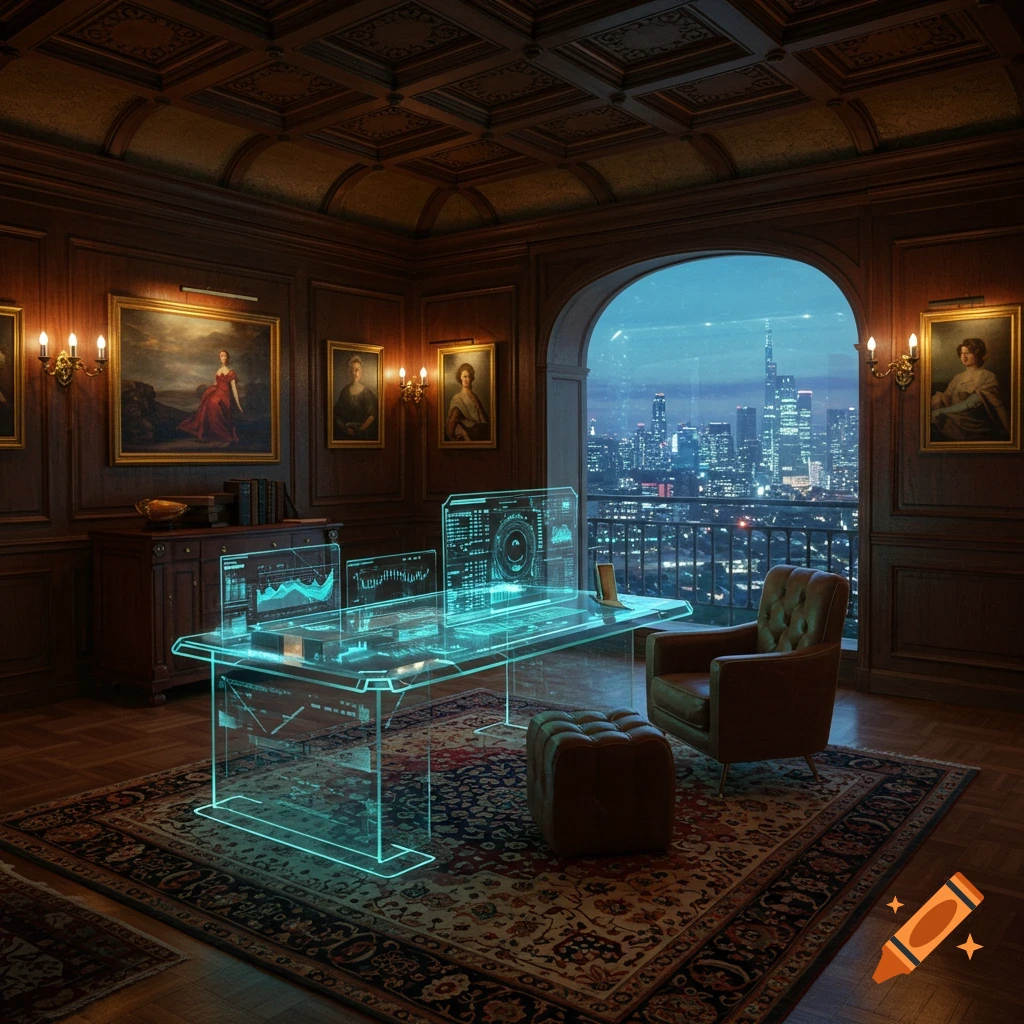 A luxurious, classic home office with dark wood panels and a detailed rug, featuring a glowing holographic glass desk displaying futuristic data and an armchair, overlooking a modern city skyline at dusk.