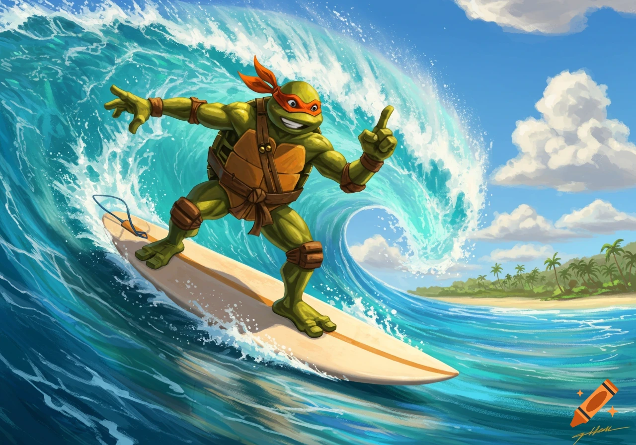 Michelangelo from TMNT surfing a large ocean wave, smiling and making a shaka sign, with a tropical beach behind him.