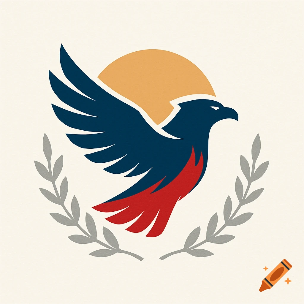 A stylized blue and red eagle logo with wings spread, a golden sun, and olive branches.