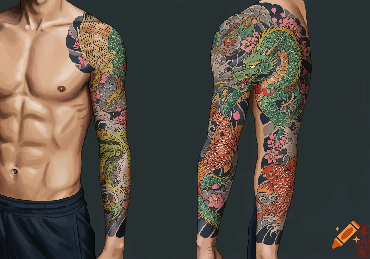 Illustrative image of a man's torso and legs covered in colorful Japanese-style tattoos featuring dragons, koi fish, and cherry blossoms.