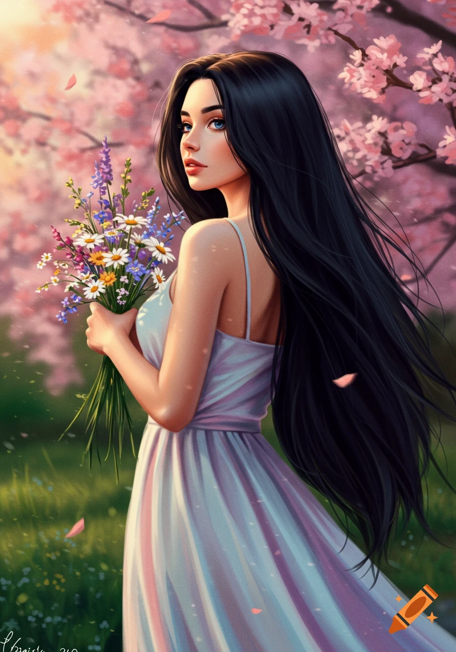A digital art illustration of a woman with long black hair, holding a colorful bouquet of wildflowers, standing in a field with pink cherry blossoms.