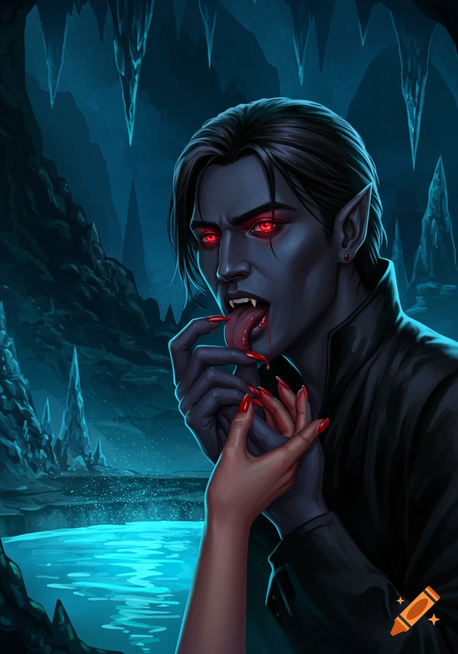 A dark-skinned vampire with red eyes and fangs licks blood from a woman's knuckles in a shimmering blue ice cave.
