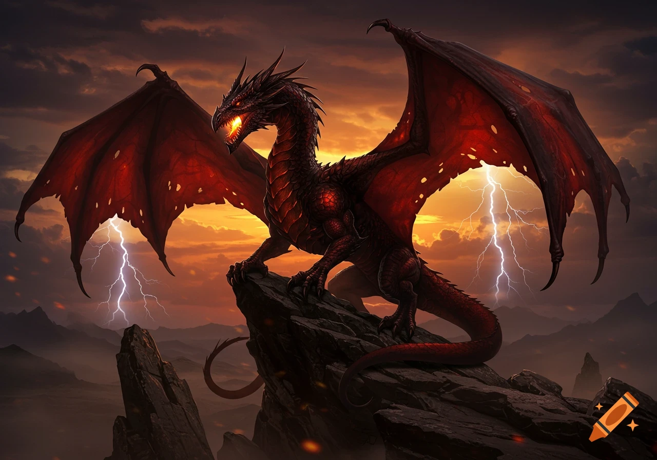 A fierce red and black dragon with glowing eyes and wings stands atop a rocky peak, silhouetted against a dramatic sunset sky with lightning.