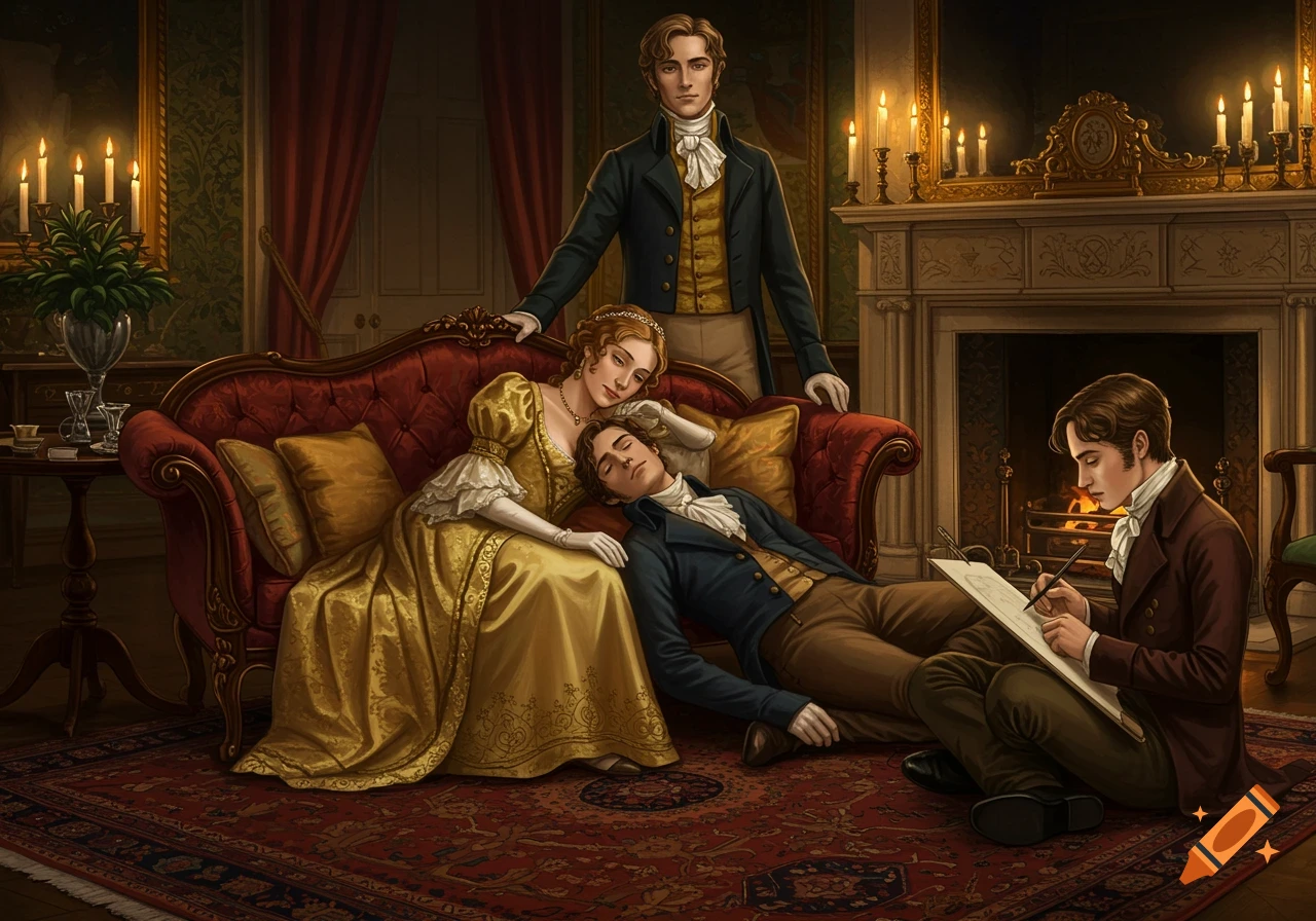 Four people in a detailed Regency-era illustration. A woman on a red sofa with a man's head in her lap, a man standing, and a man sketching by a fireplace.
