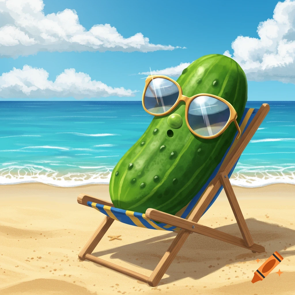 A cartoon green pickle wearing sunglasses lounges on a blue and yellow striped beach chair on a sandy beach next to the ocean under a blue sky.