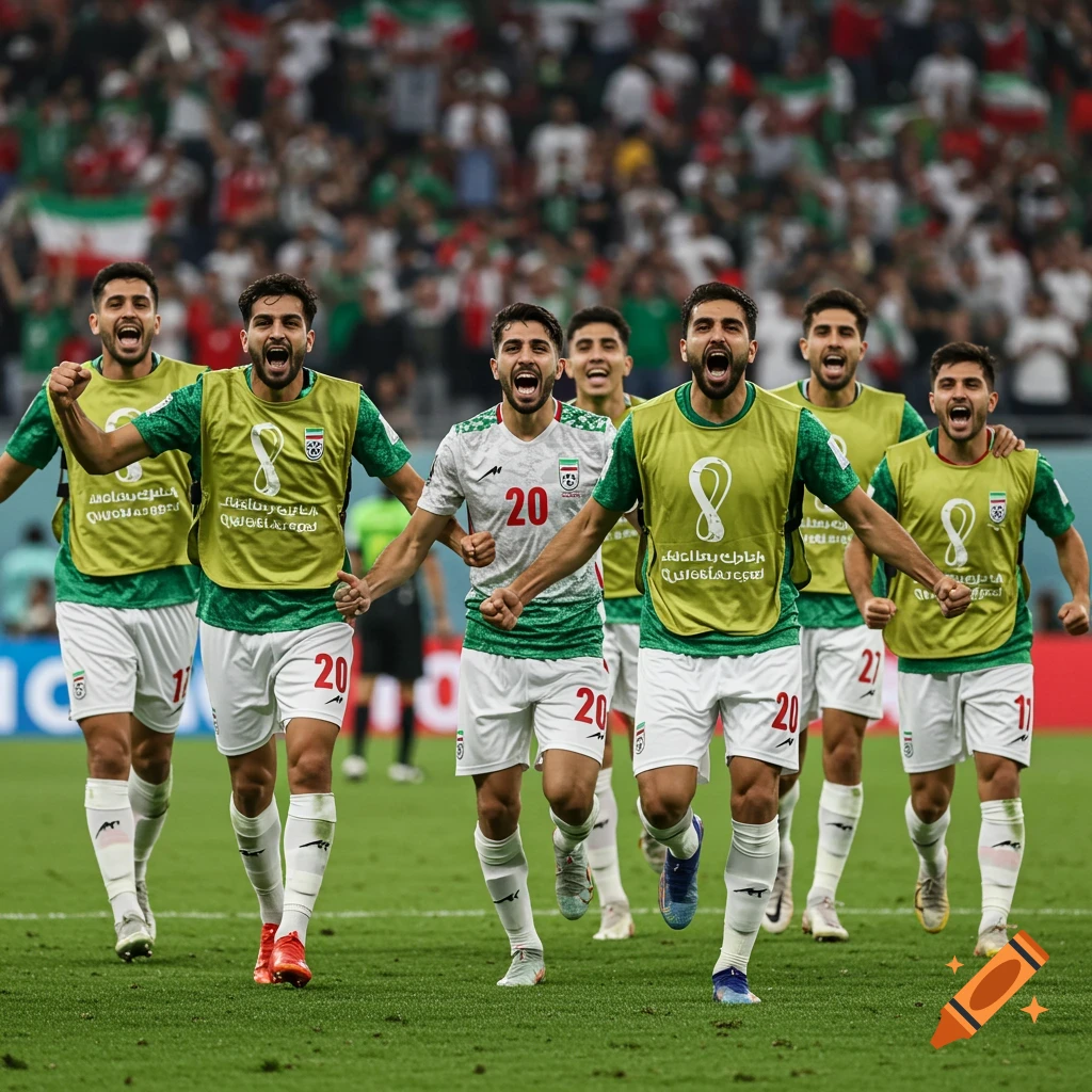 A group of jubilant male soccer players in green and white jerseys celebrate on a field, arms outstretched and mouths open in cheer, with a stadium crowd in the background.