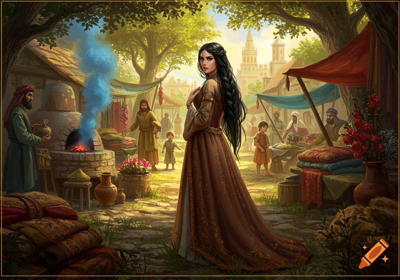 A medieval woman with long black hair stands prominently in a bustling, vibrant outdoor market scene.