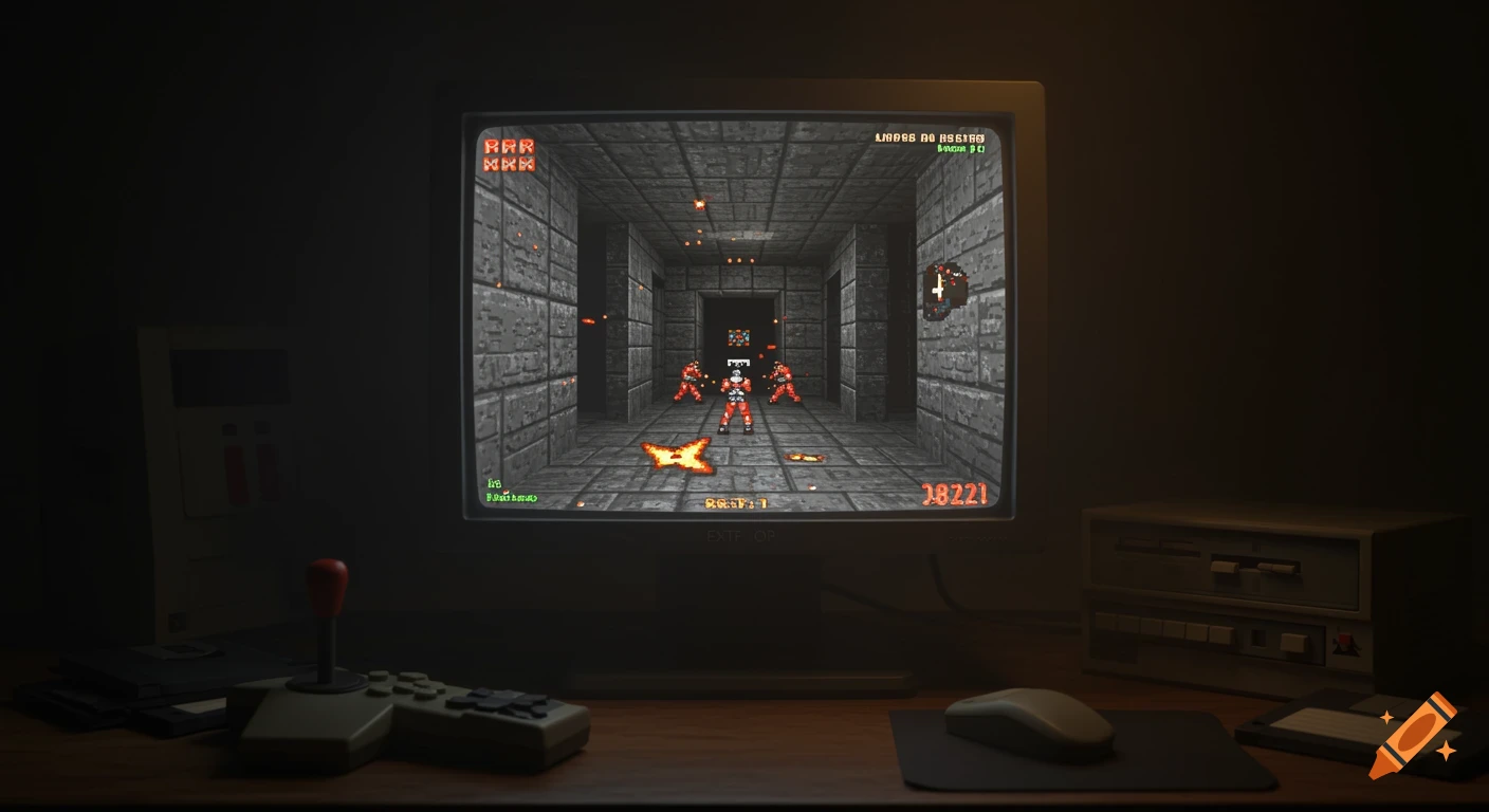 A dark room with a beige CRT monitor displaying a pixelated 90s-style first-person shooter game with enemies in a grey dungeon. A joystick, mouse, and floppy disks are on the wooden desk.