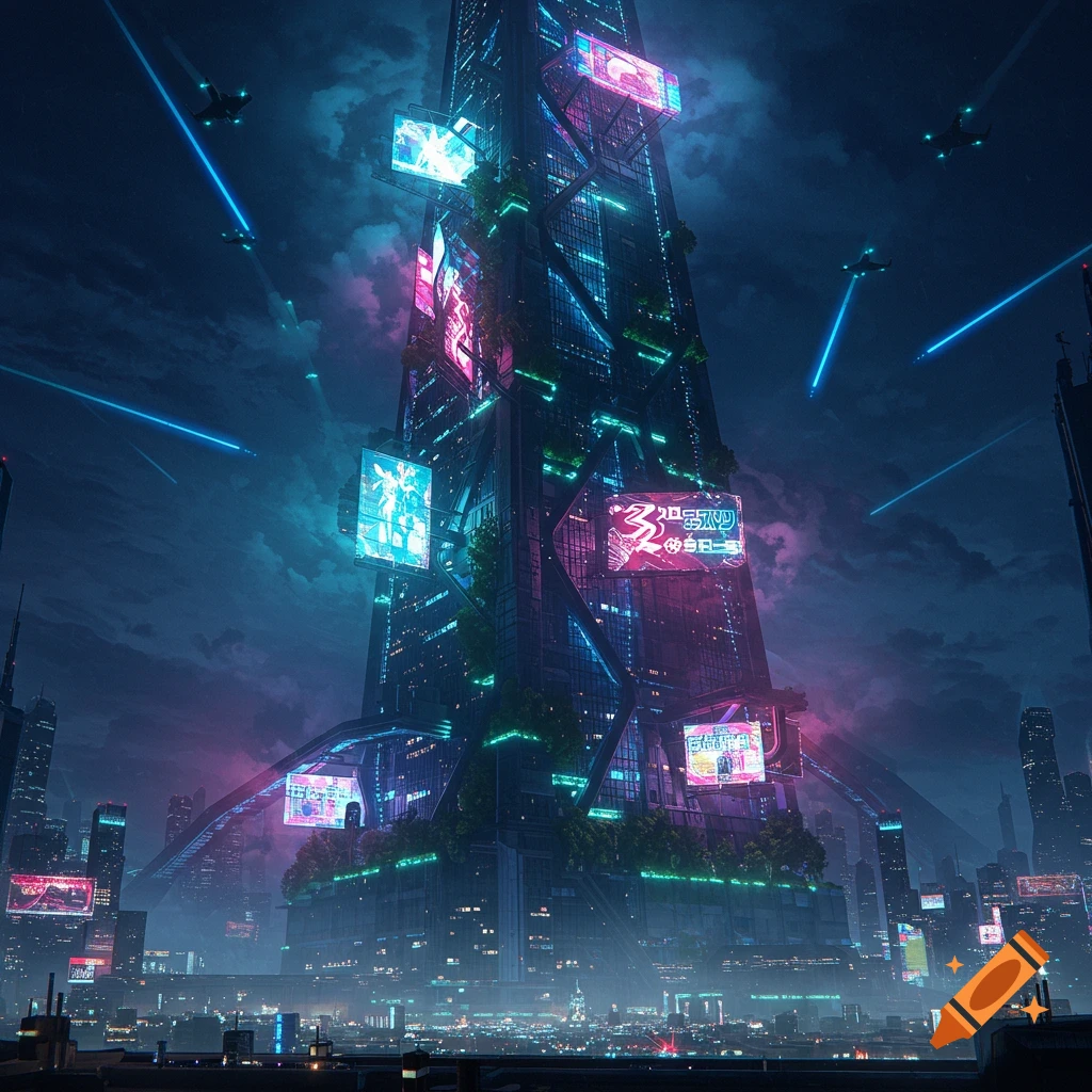 A towering, futuristic cyberpunk megacorp building dominates a neon-lit city at night, with flying vehicles in the sky.
