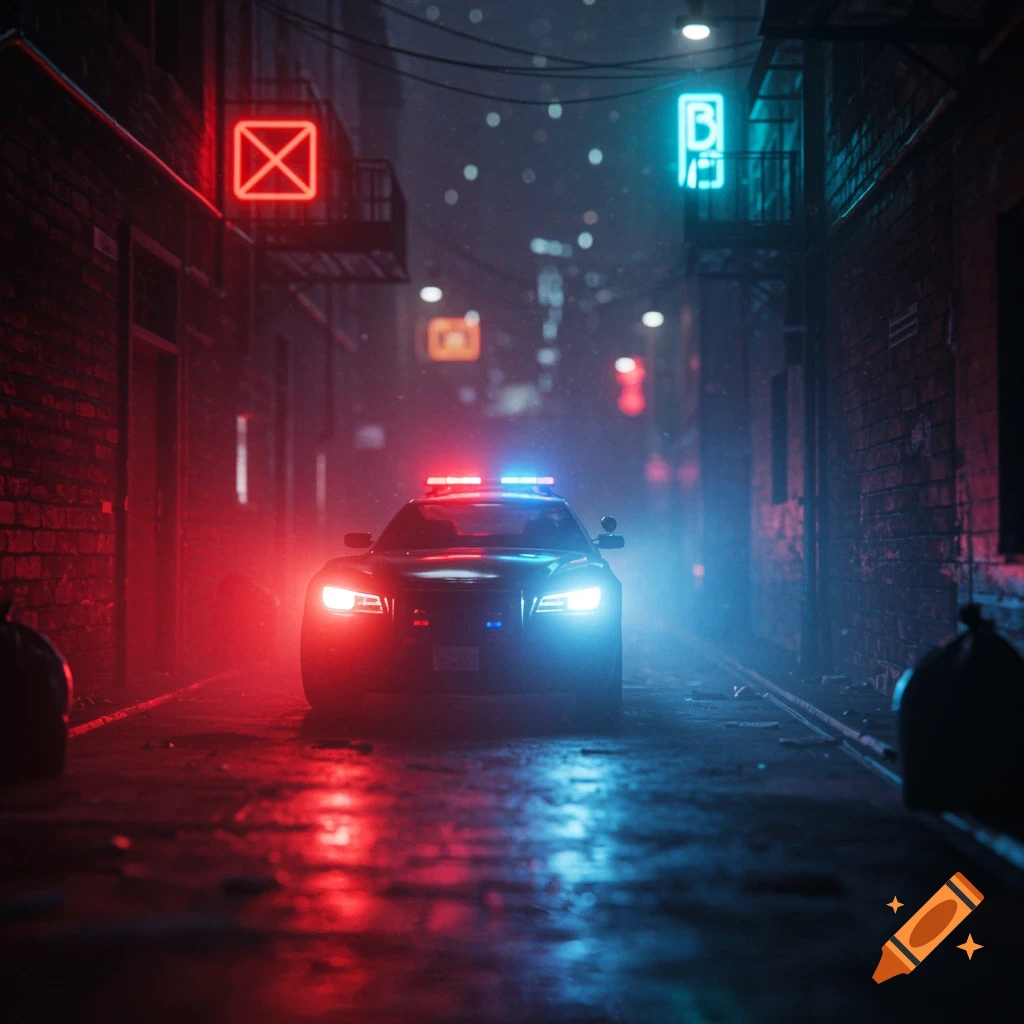 An ominous police car with flashing red and blue lights sits in a dark, wet alley with neon signs.