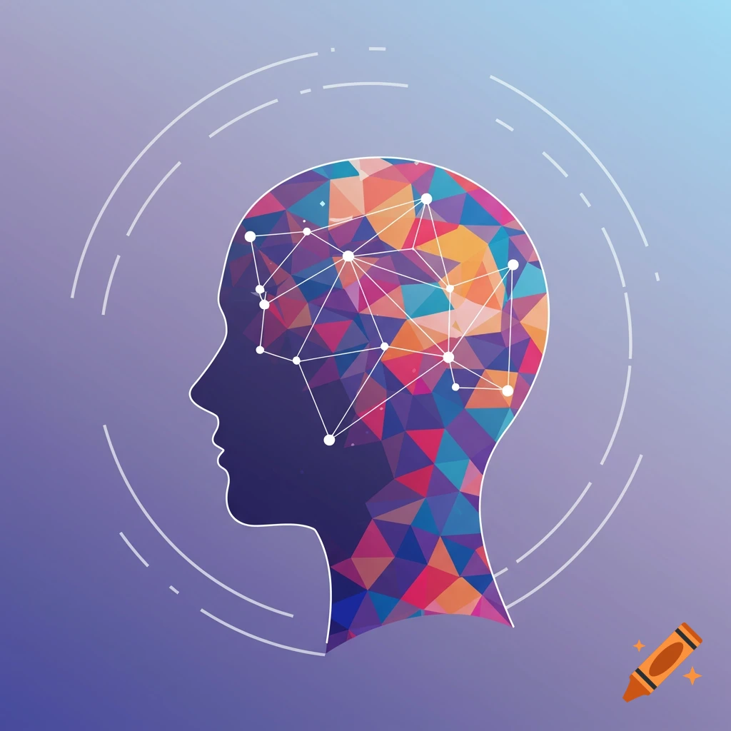 A silhouette of a human head in profile filled with colorful geometric polygons and connected by white lines and dots, set against a blue and purple gradient background.