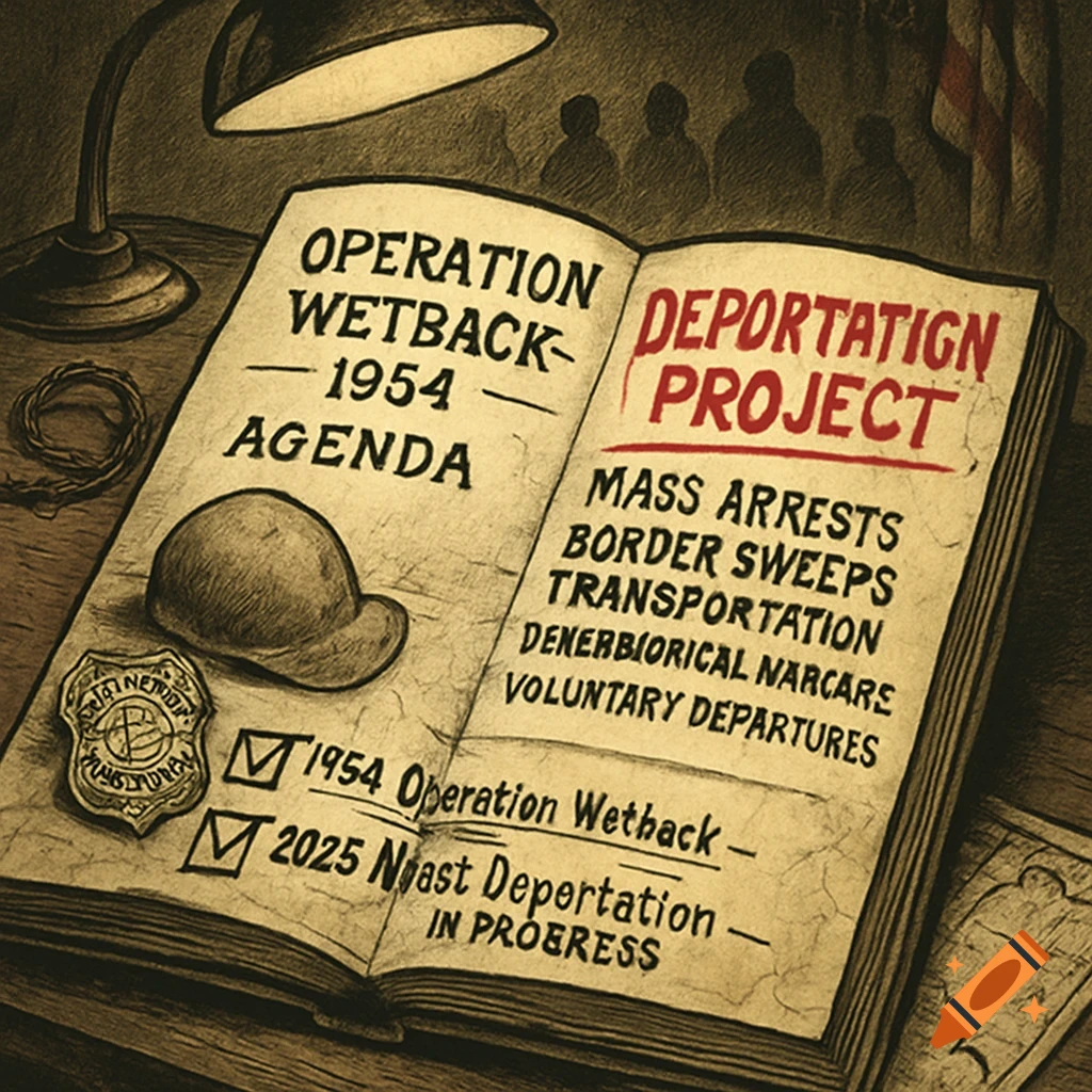 An editorial cartoon-style image of an open government playbook on a desk. The book details "OPERATION WETBACK - 1954 AGENDA" and a "DEPORTATION PROJECT," with visible bullet points. Props like a military helmet, badge, and barbed wire surround it. Silhouettes of people are in the background.