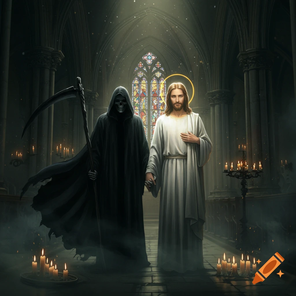 Jesus and the Grim Reaper stand holding hands in a dark, atmospheric church with a stained glass window.