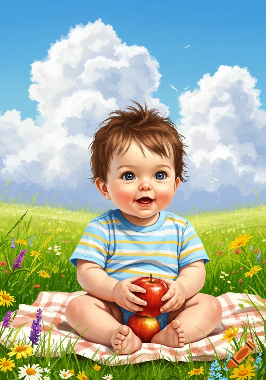 A happy baby with brown hair and blue eyes sits on a checkered blanket in a field of green grass and flowers, holding two red apples under a blue sky.