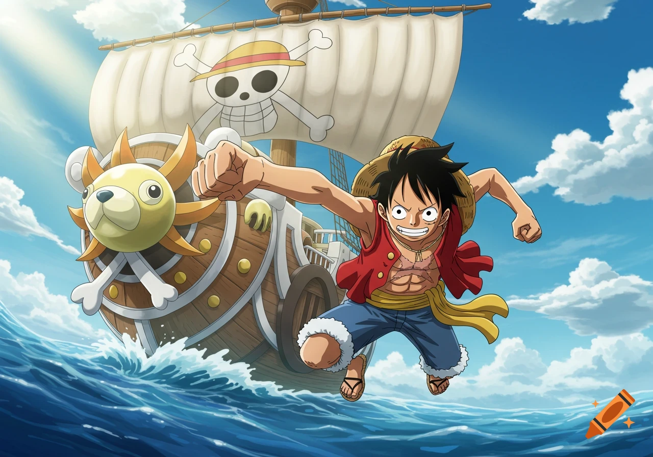 Anime character Luffy jumps from the Thousand Sunny ship, sailing on a blue ocean under a clear sky.
