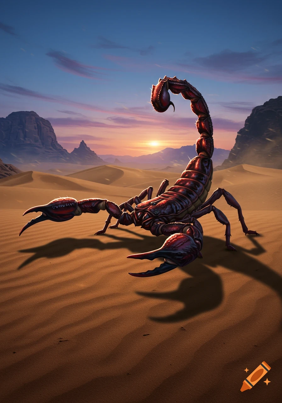 A large red scorpion stands on desert sand dunes at sunset, with mountains in the background.