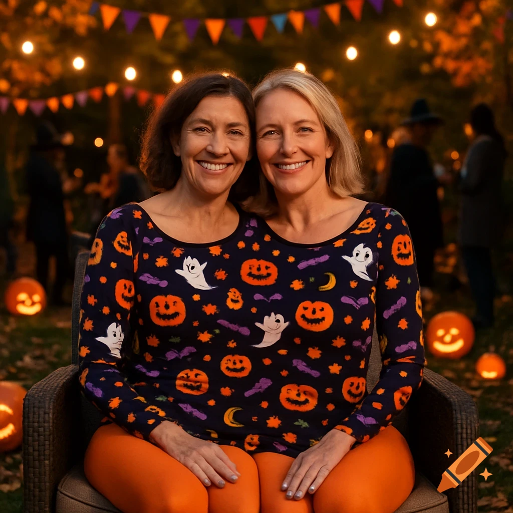 Two women in Halloween shirts and orange tights share a chair at an outdoor Halloween party, creating a conjoined body illusion.