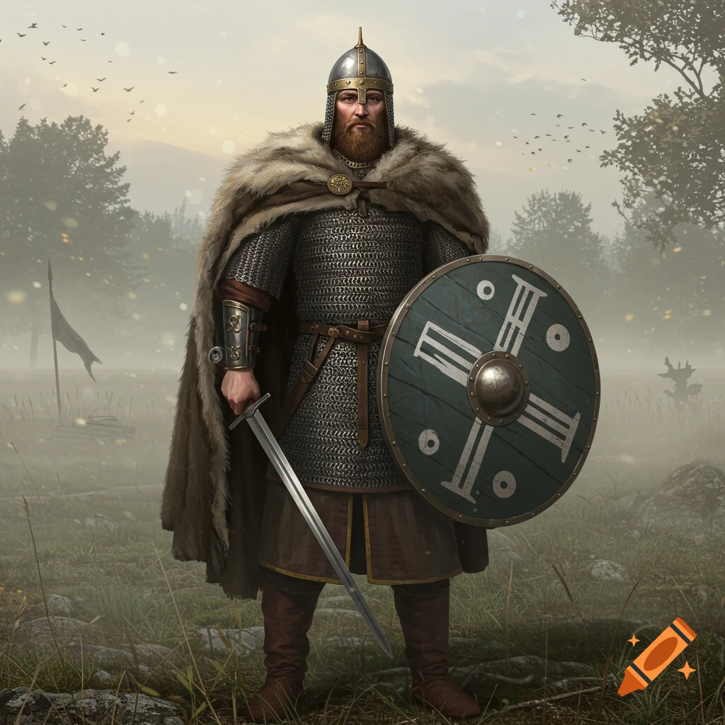 A bearded warrior in chainmail and a fur cloak stands holding a sword and shield in a foggy medieval field.