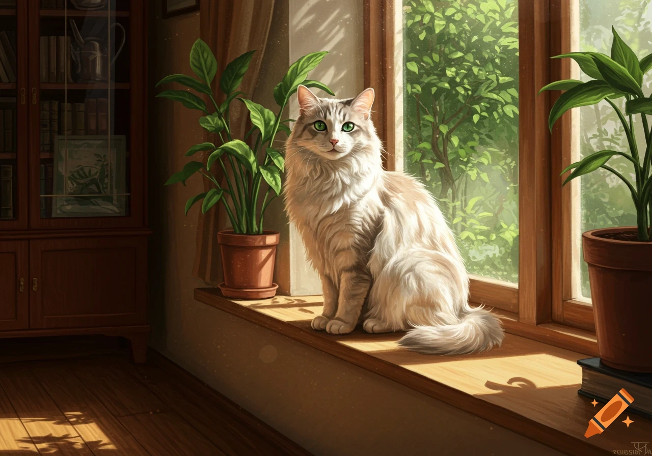 A fluffy white and grey cat with green eyes sits on a sunlit windowsill next to potted plants, looking into the room. An interior scene.
