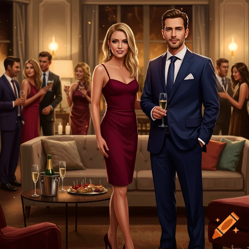 A man and woman in formal attire pose at a sophisticated party, with other guests in the background. Photorealistic style.