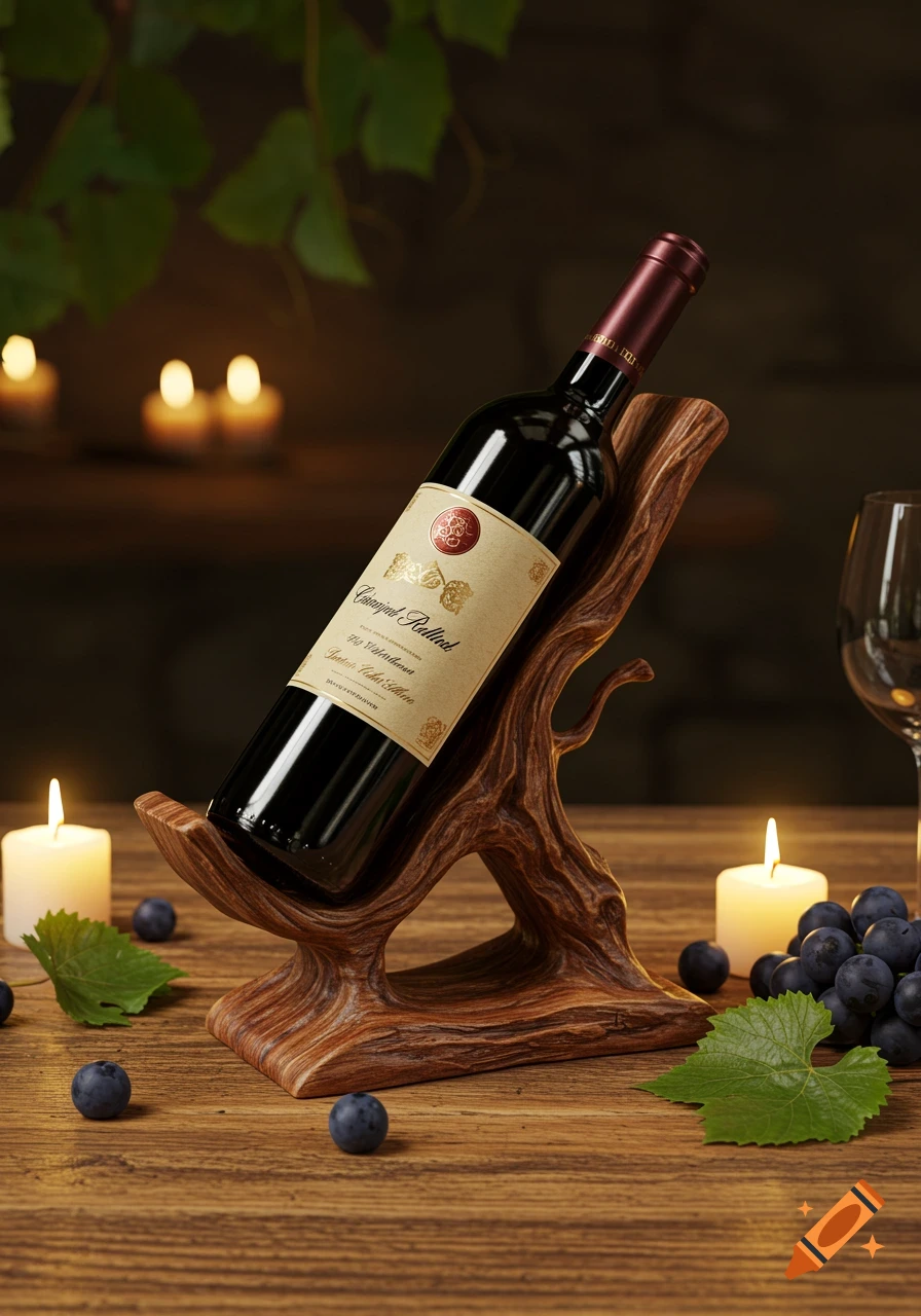 A dark red wine bottle resting on a rustic wooden holder, surrounded by candles and blueberries, on a wooden table.