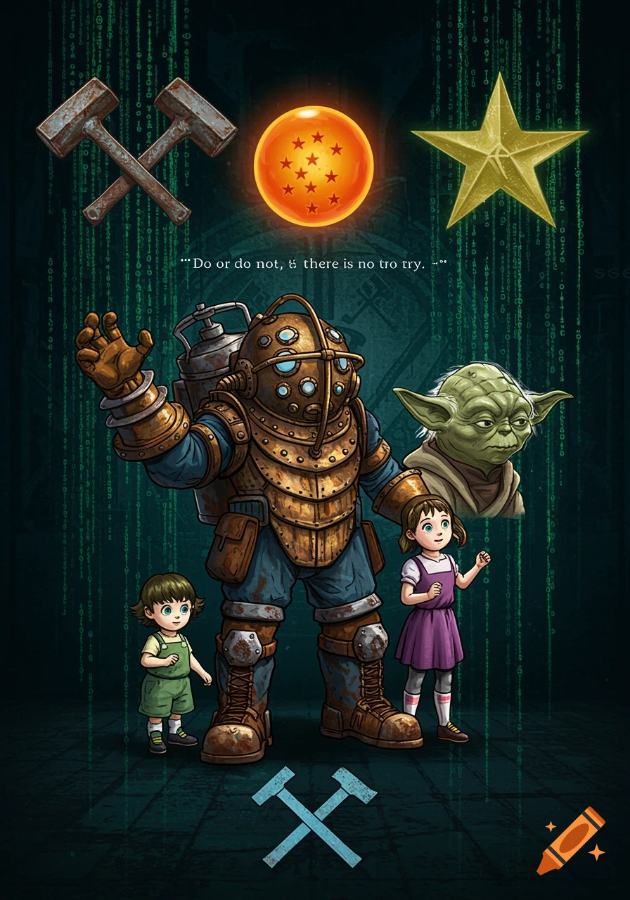 A stylized illustration of Big Daddy and two Little Sisters from Bioshock, Yoda, a Dragon Ball, crossed hammers, and a star on a Matrix code background with a quote.