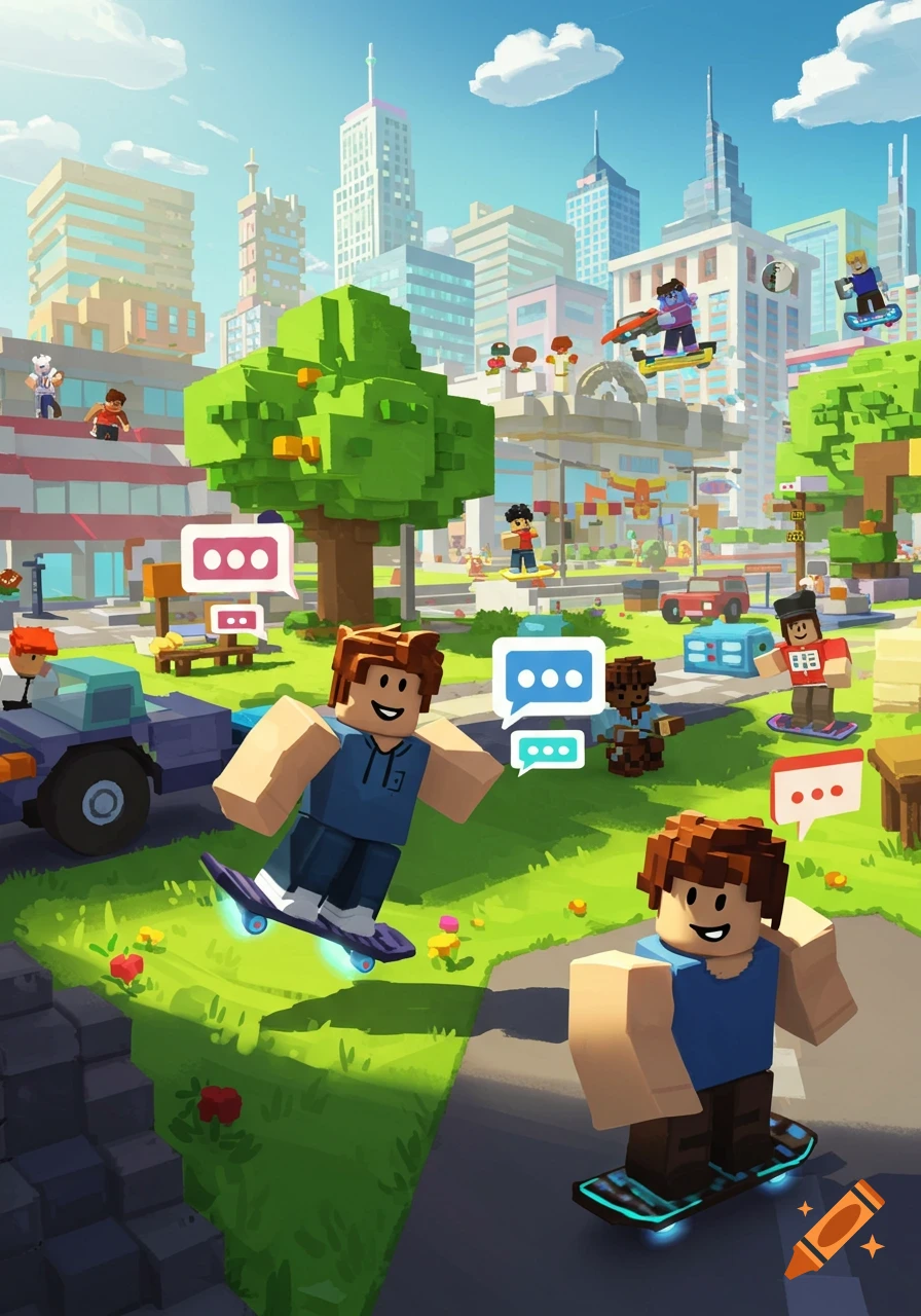 Blocky characters skateboard and interact in a vibrant, cartoonish city resembling Roblox.