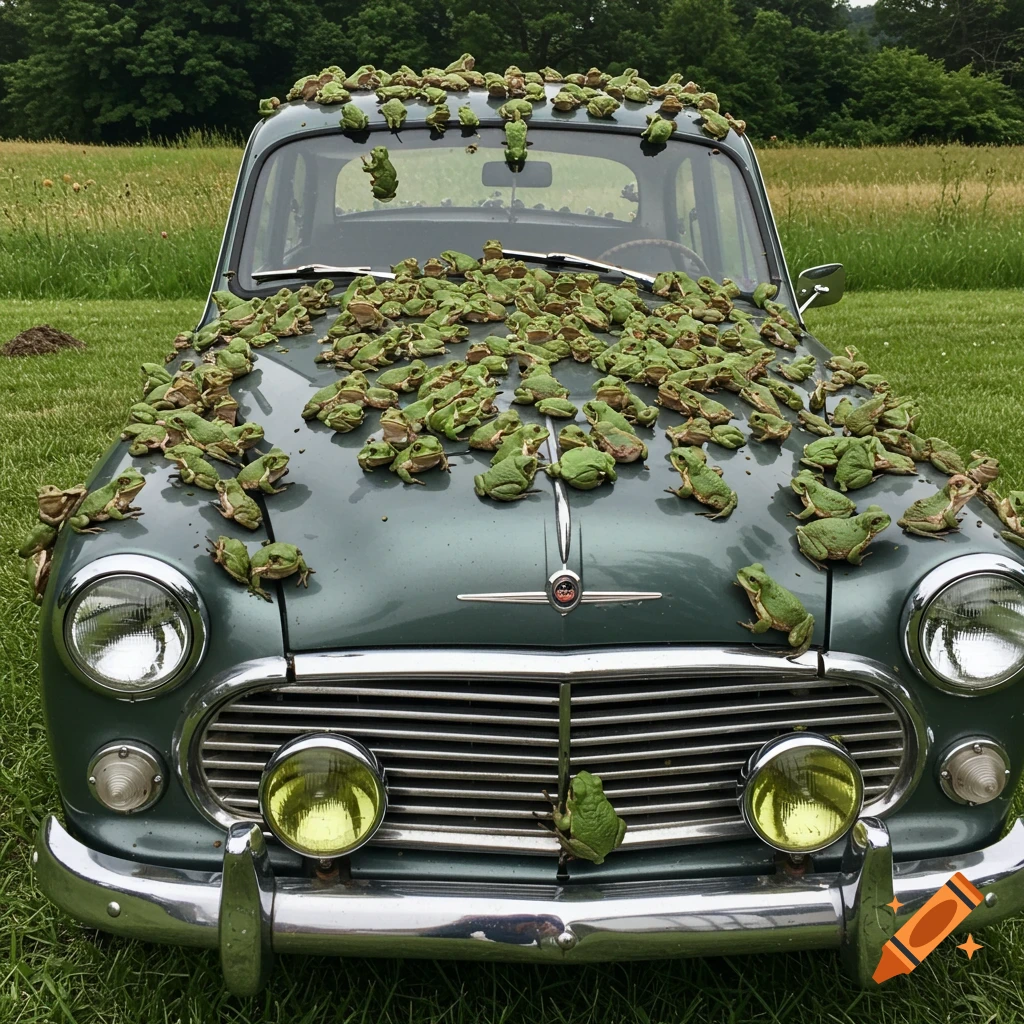 A vintage green car is completely covered with hundreds of small green frogs in a grassy field.
