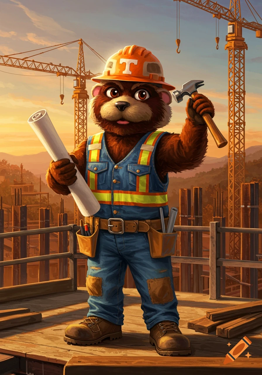 A cartoon bear mascot in an orange hard hat and construction worker vest holds a blueprint and hammer on a construction site at sunset.