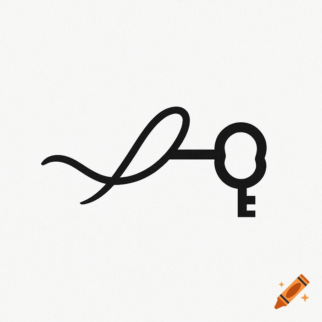 A minimalist black logo featuring a curving line that transitions into a key against a white background.